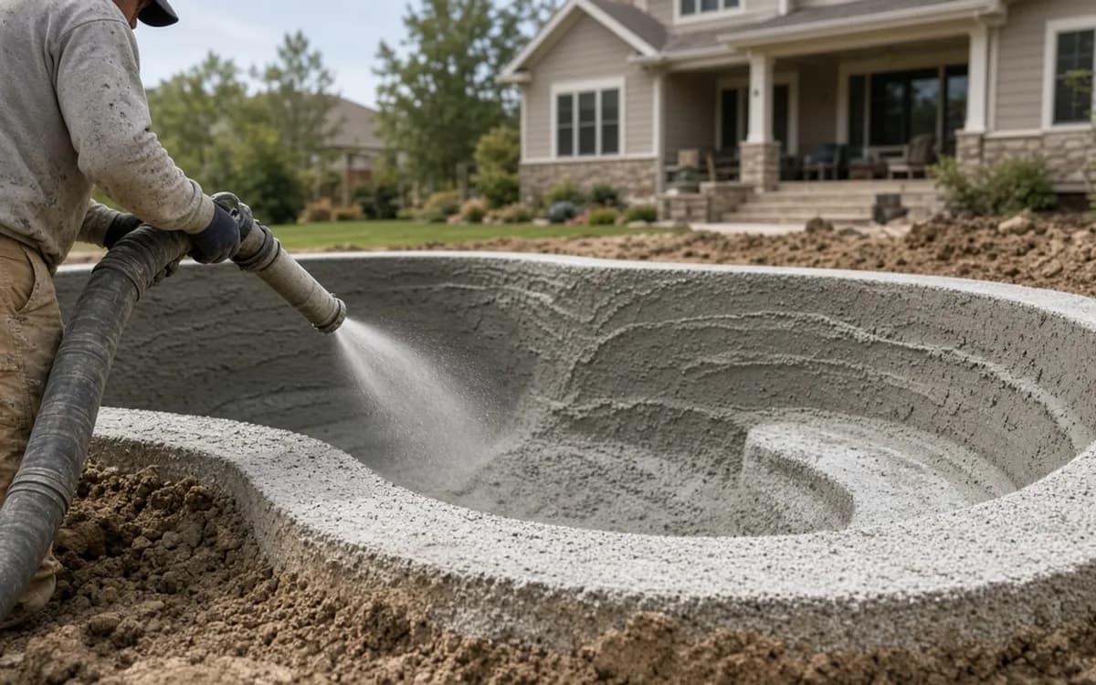 Worker spraying shotcrete from a hose onto the curved shell of a freeform pool dug into a sandy yard