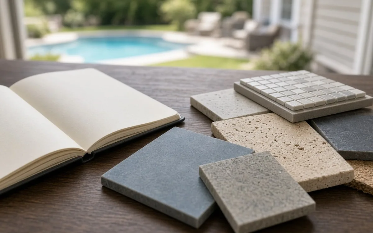 Open notebook and stacked mosaic, travertine and slate samples on a table with a blurred pool behind