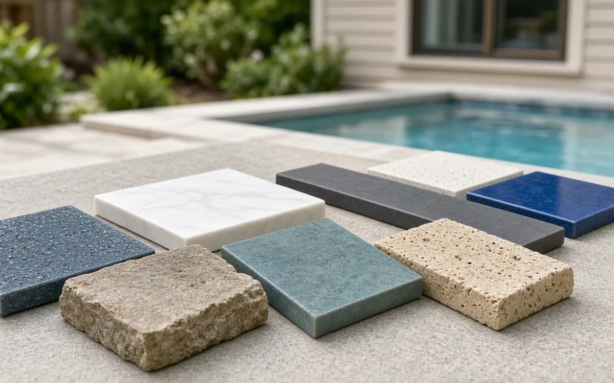 Row of blue, white, grey and travertine pool finish and coping samples on a concrete deck by a pool