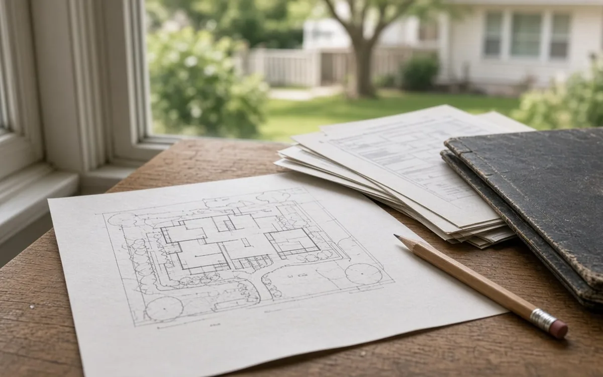 Drawn property site plan with a pencil next to loose papers and a black folder on a table by a window