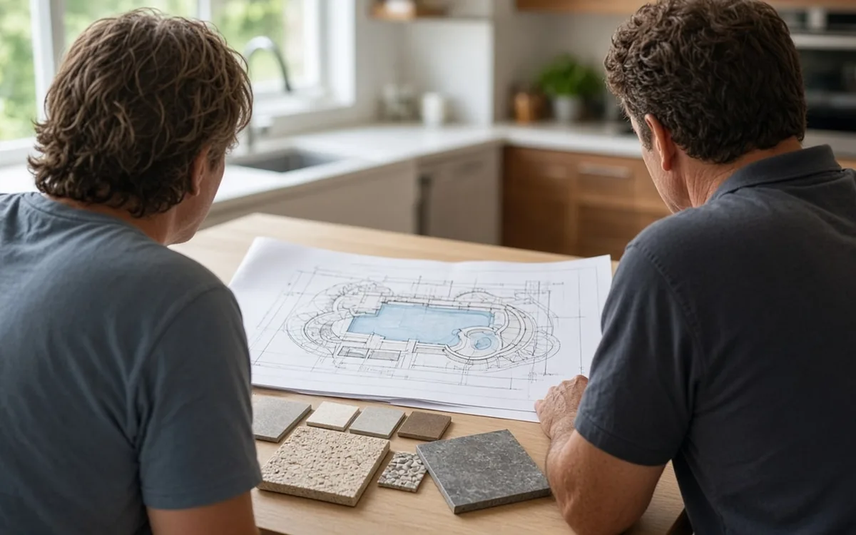 Two men at a kitchen counter reviewing a printed freeform pool plan with stone and paver samples