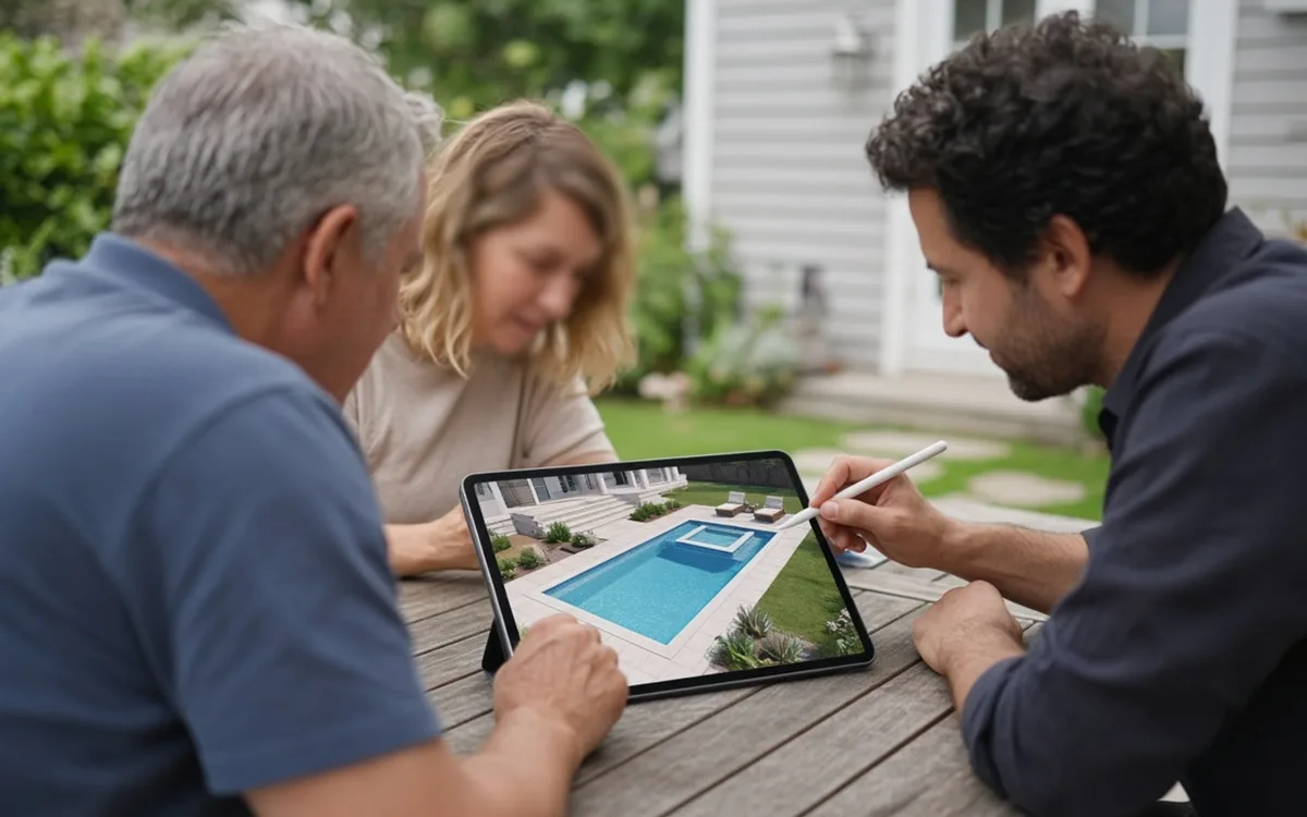 Designer with a stylus showing a couple a pool and spa rendering on a tablet at an outdoor table