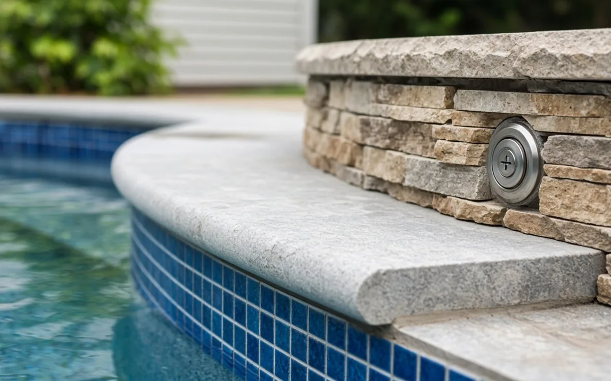 Rounded grey stone coping over blue glass waterline tile, with a stacked stone wall holding a round fitting