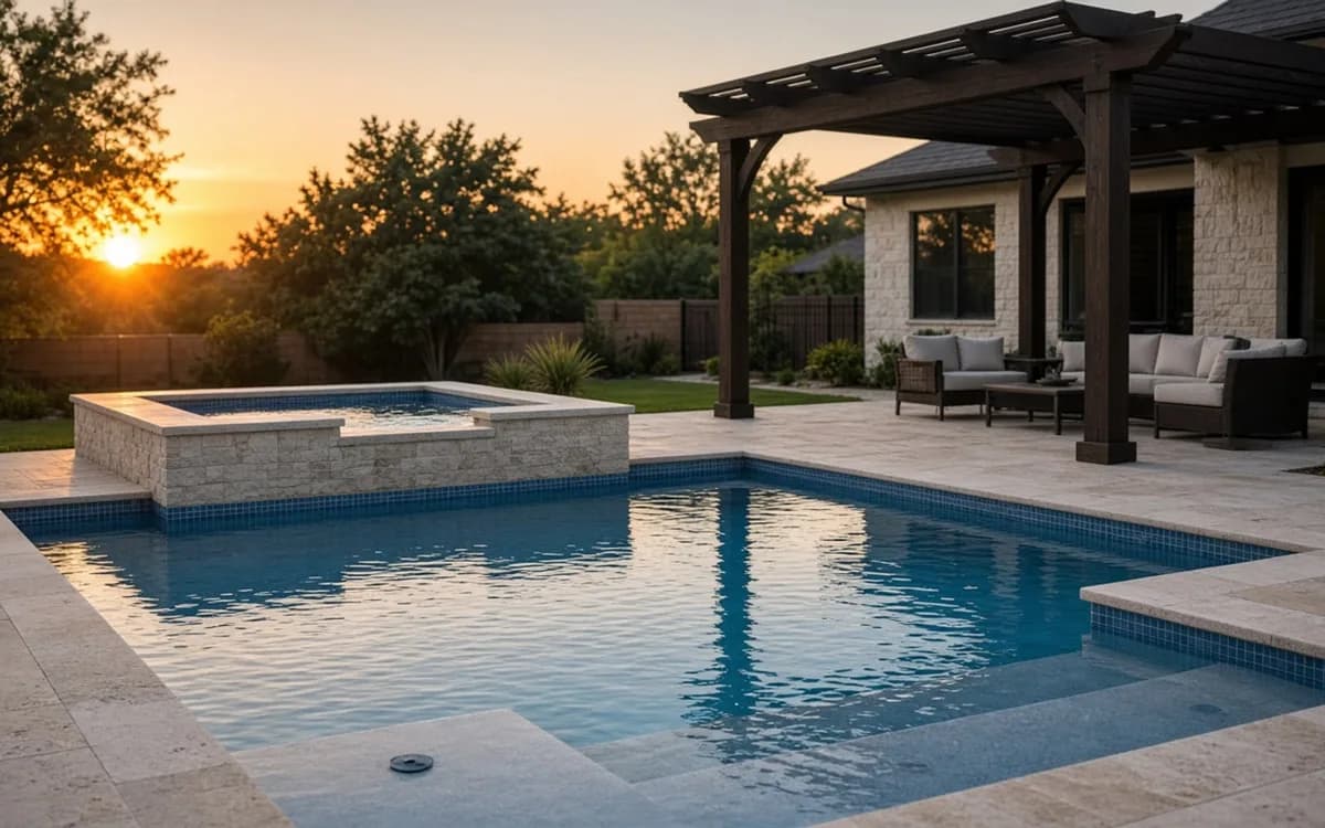 Rectangular pool with a raised stone spa, travertine deck and dark pergola over patio seating at sunset