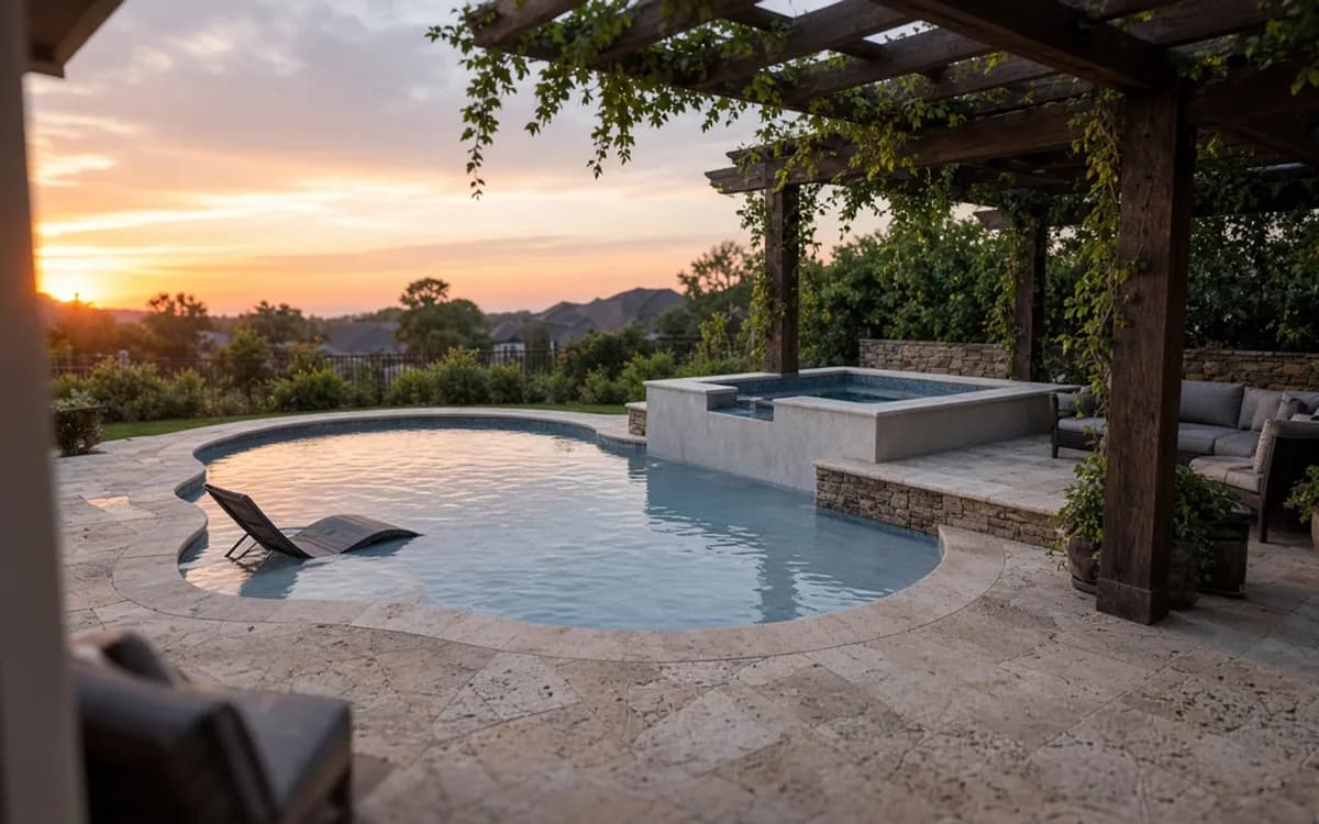 Kidney-shaped pool with a lounger on the tanning ledge, raised spa and vine-covered pergola at sunset