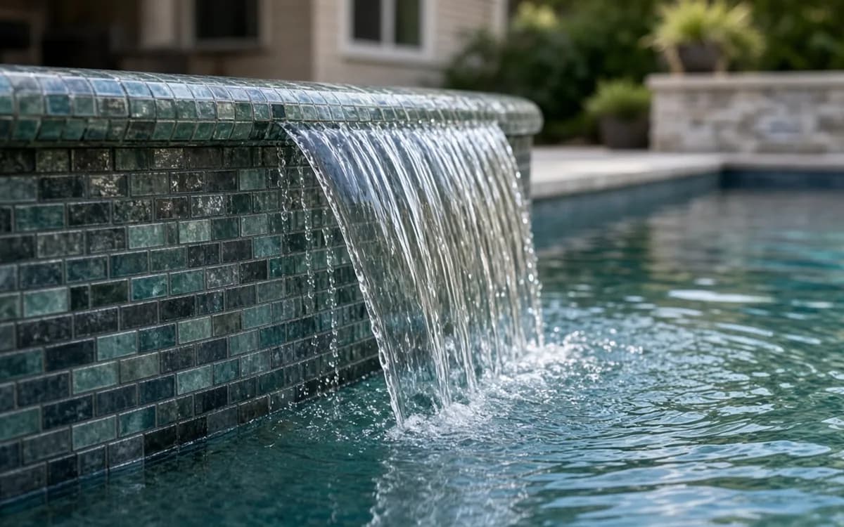Sheer descent water feature spilling a flat sheet from a raised stacked-stone wall into a freeform pool, with LED lights glowing beneath