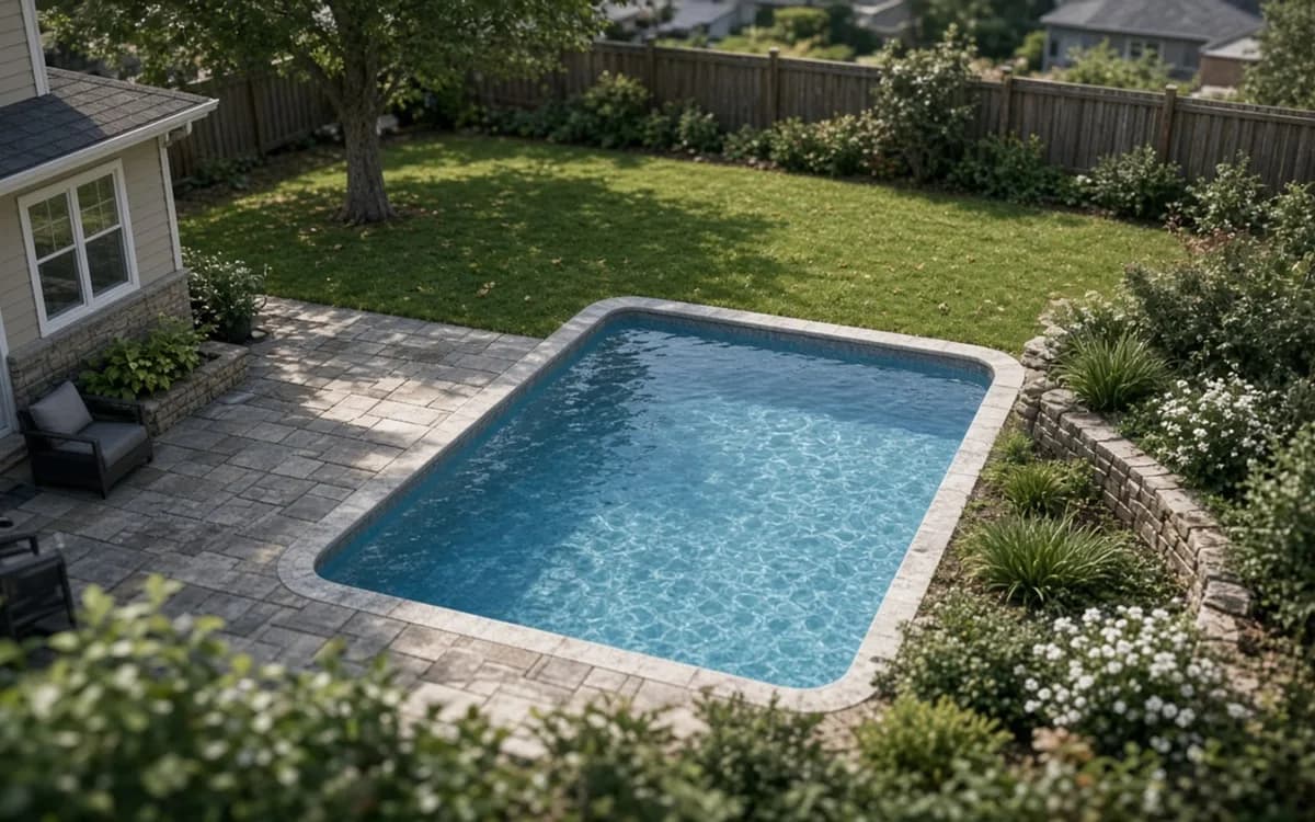 High view of a small rectangular pool on a grey paver patio in a fenced backyard lawn with a shade tree