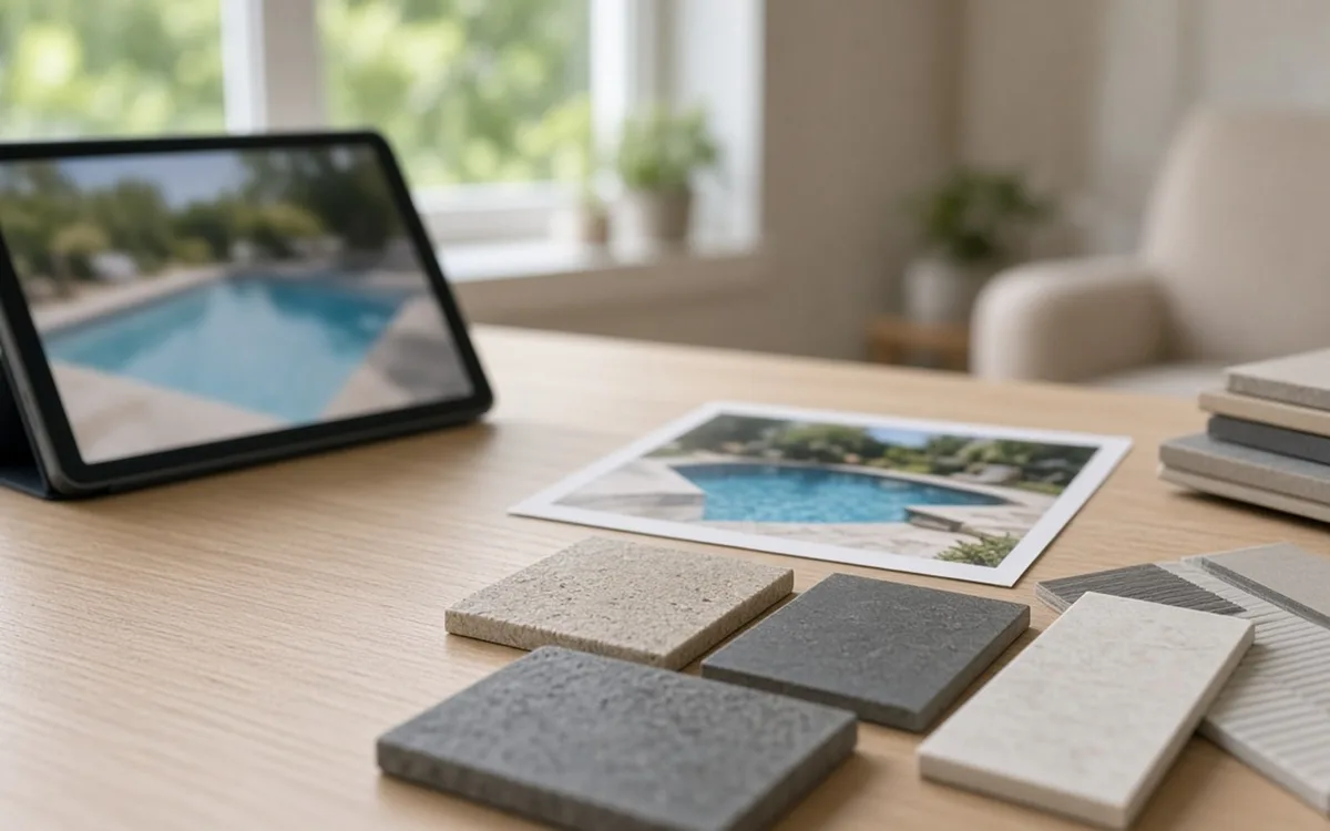 Tablet and printed photo of a backyard pool beside grey and white coping samples on a light wooden table