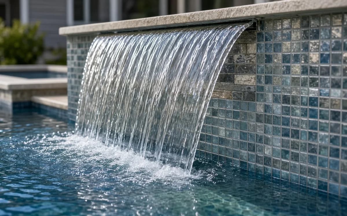 Curved sheet of water falling from a stone ledge beside blue and grey mosaic tile into a pool