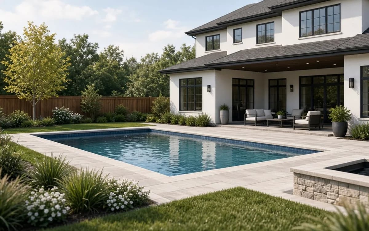 Finished rectangular gunite pool with a tanning ledge, travertine coping and a mesh safety fence along the property line