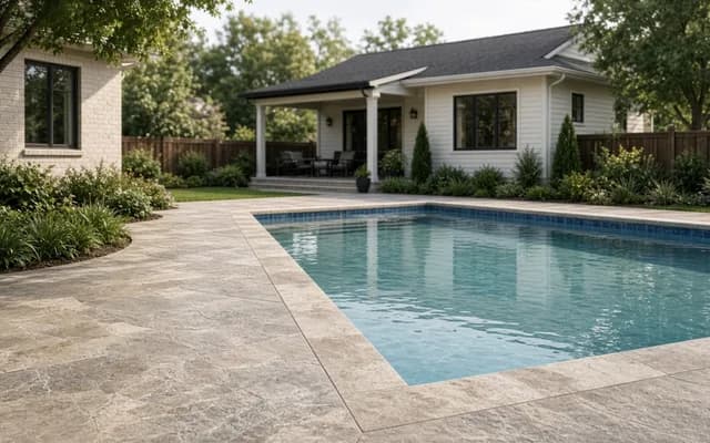 Rectangular pool with a wide beige stamped-stone deck and bullnose coping in front of a white cottage