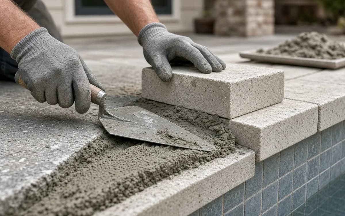 Gloved hands setting a precast coping stone into fresh mortar with a trowel along a tiled pool edge