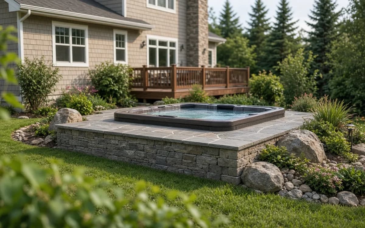 Portable acrylic hot tub on a new concrete pad beside a patio, with the GFCI disconnect box mounted on the house wall and a cover lifter folded back