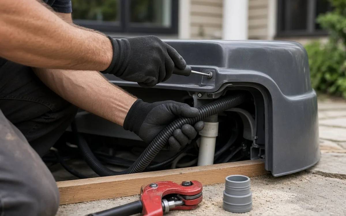 Gloved hands connecting corrugated hose to the equipment bay of a grey hot tub, with a pipe cutter nearby
