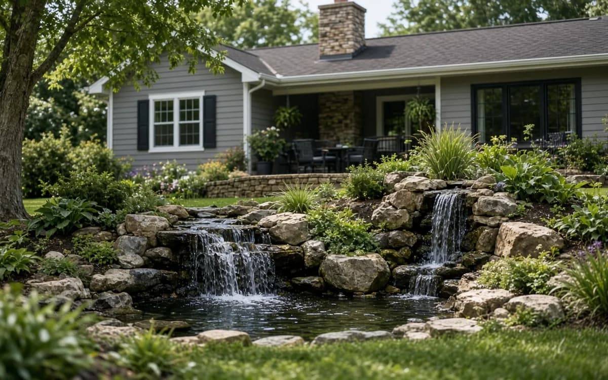 Two rock waterfalls tumbling into a lined pond among boulders and plantings in front of a grey house