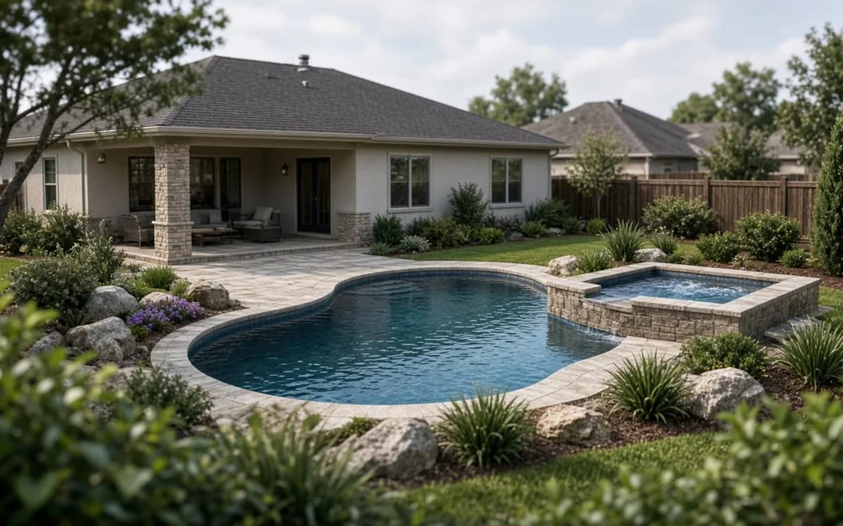 Freeform pool with an attached raised spa, paver deck and boulder plantings behind a stucco ranch house