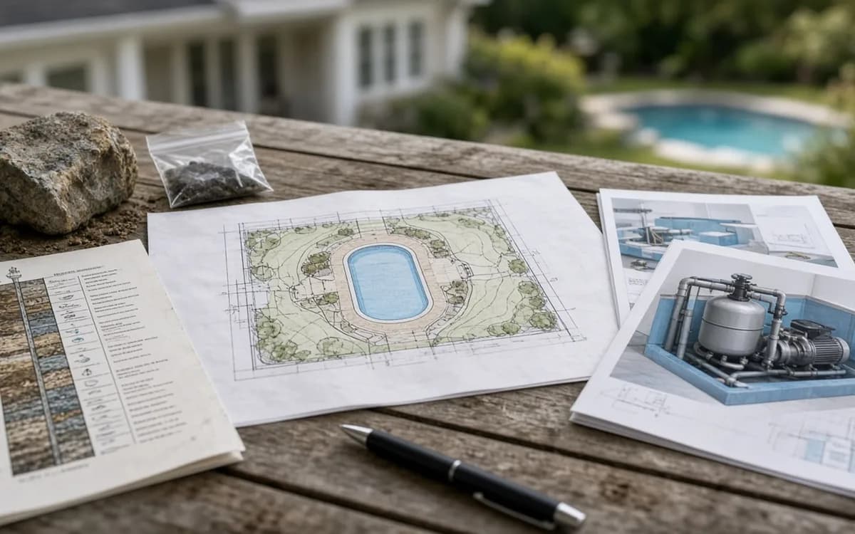 Pool site plan, equipment prints, a rock and a bag of gravel with a pen on a weathered outdoor table