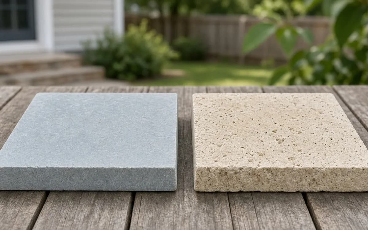Smooth blue-grey stone slab next to a pitted cream travertine slab on a weathered wooden table