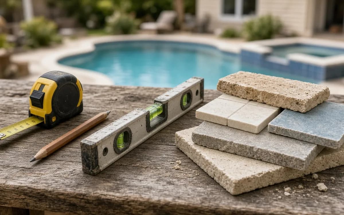 Tape measure, pencil, level and stacked stone coping samples on a rustic table with a pool and spa behind