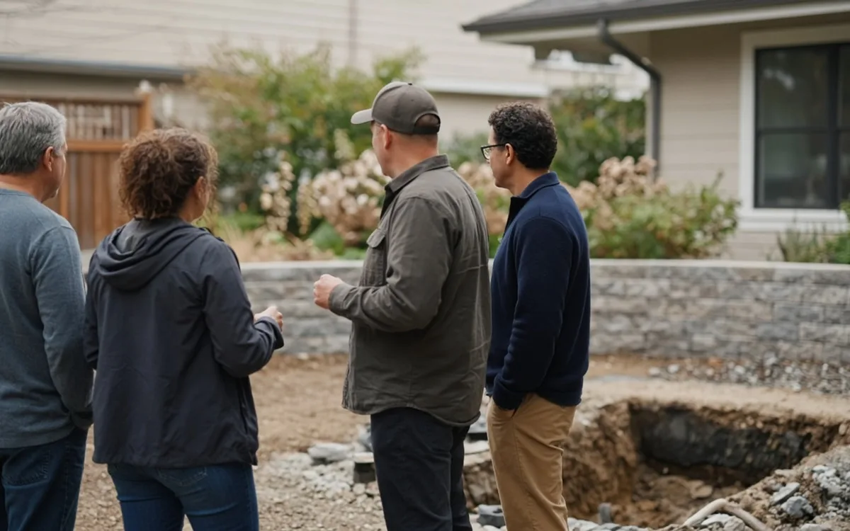 Four adults beside a backyard pool excavation with a stacked stone retaining wall and gravel