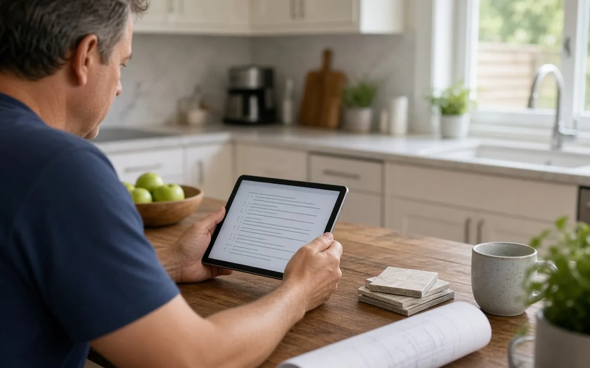 Man at a kitchen table reading a checklist on a tablet next to a rolled plan and small stone samples