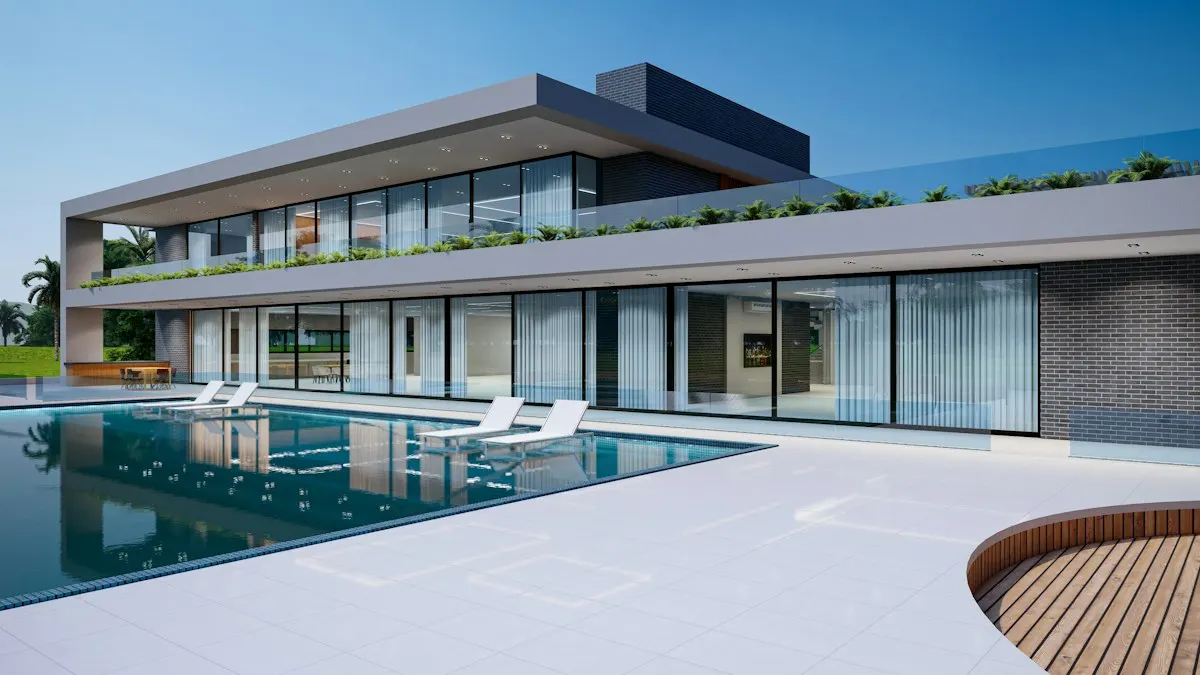 Long pool beside a covered outdoor living area